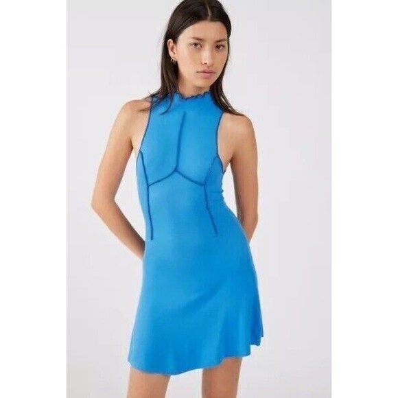 Urban Outfitters Mini Dress Uo Deja Seamed Mock Neck Cutout Back Blue Medium - Picture 1 of 8